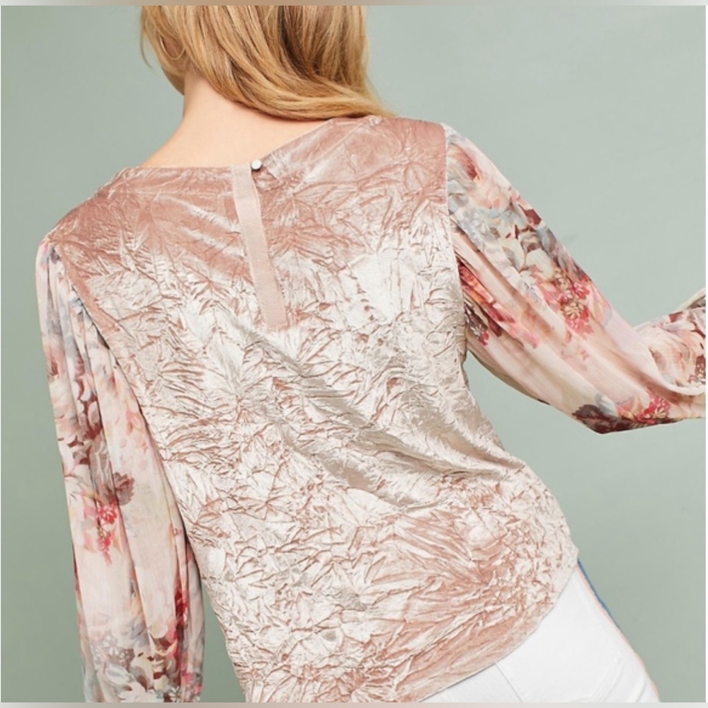 Meadow Rue for Anthropologie Crushed Velvet Top with Floral Sleeves Size L NWT - Picture 2 of 11